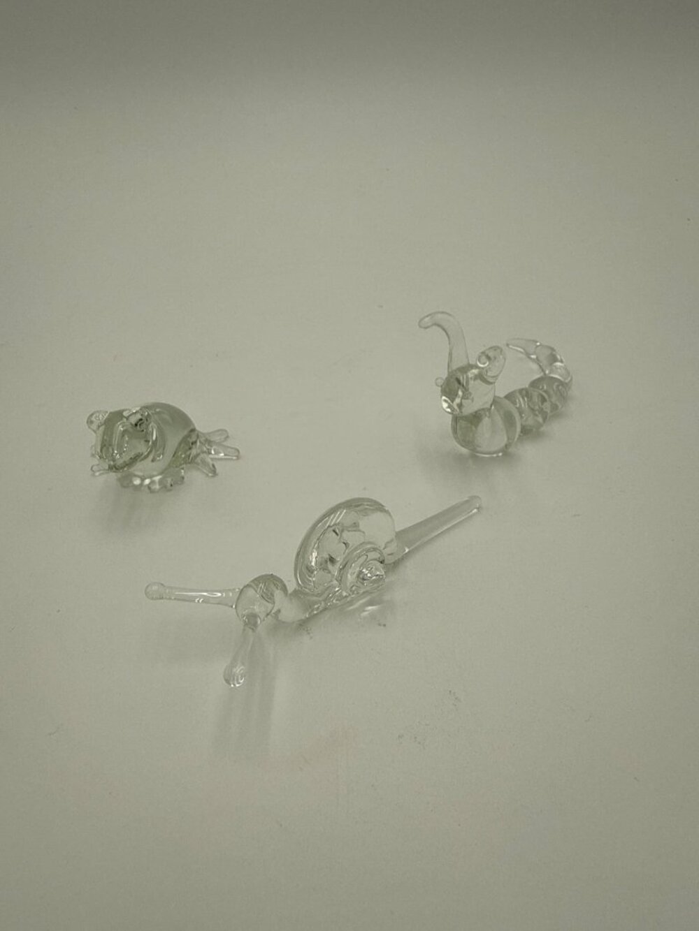 Set Of 3 Clear Glass Animal Figurines Snail Caterpillar Bug Handcrafted Miniatur